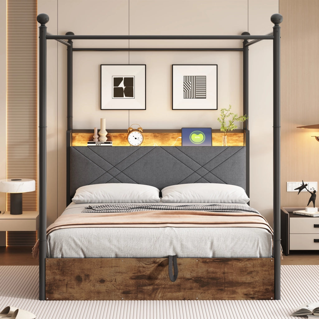 Letto matrimoniale 140 × 190 cm 2 posti; contenitore idraulico; LED regolabile e USB Type-C; senza materasso; nero