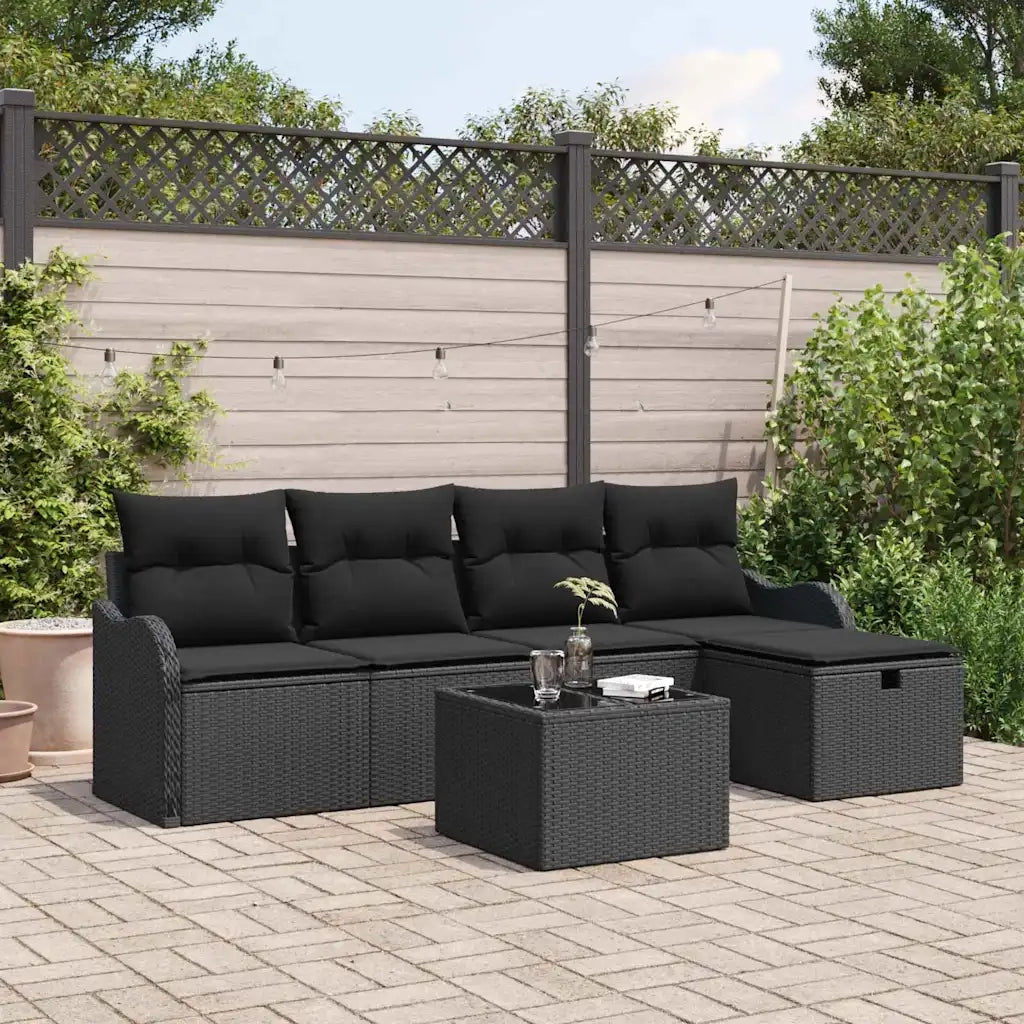 Set Divano da Giardino con cuscino 6 pcs Nero Poly Rattan