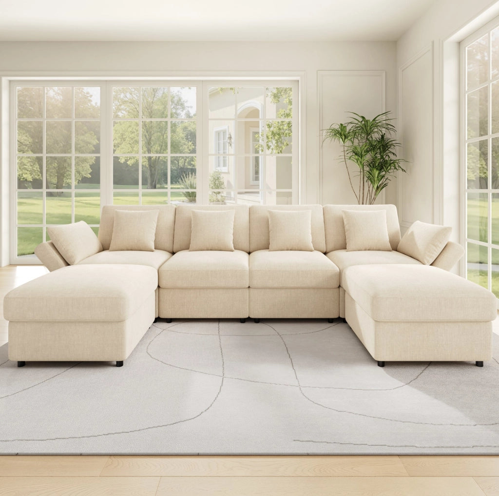 Divano modulare angolare a L in chenille beige 284x156;5x86 cm con 2 pouf e cuscini