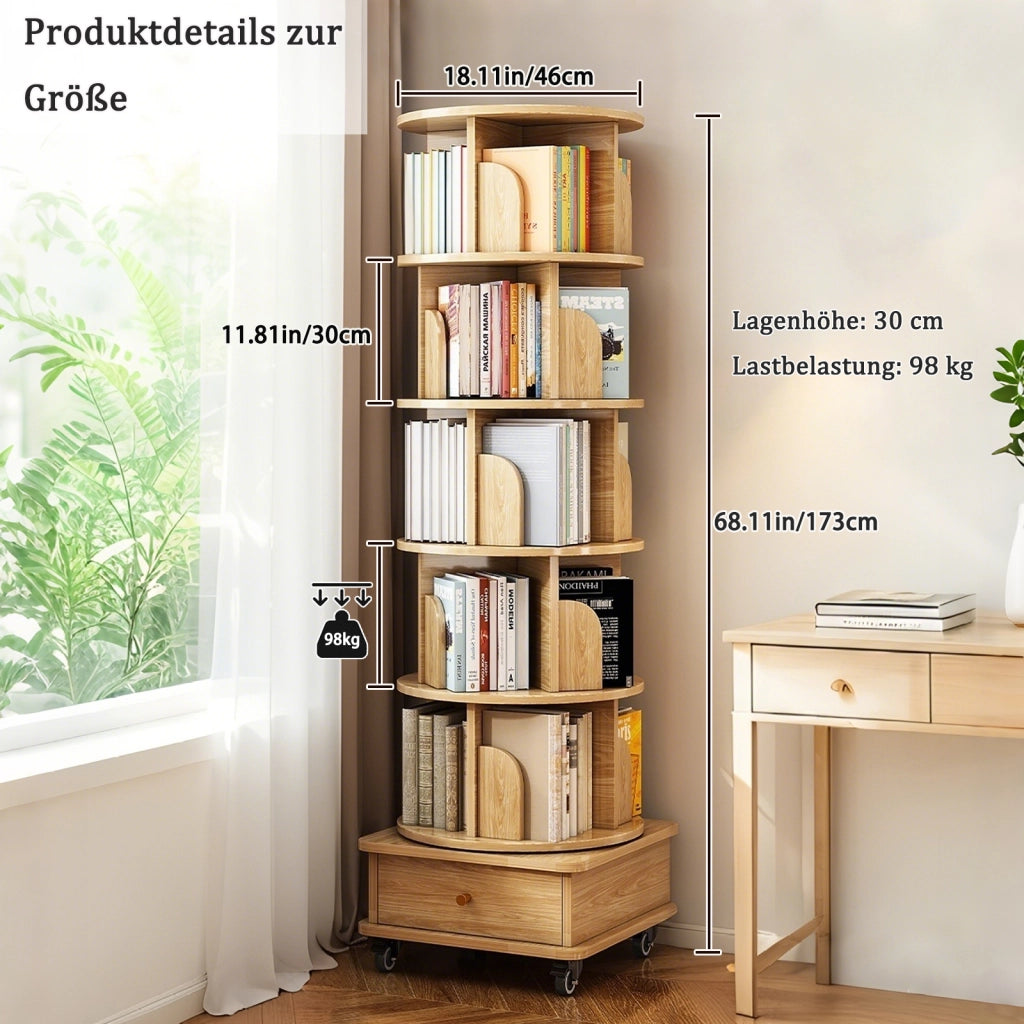 Libreria girevole 360° con rotelle e cassetto per piccoli spazi in MDF legno per soggiorno e camera da letto 58 × 56 × 29 cm