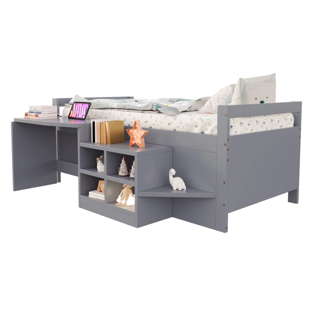 Letto multifunzionale per bambini 90 × 200 cm con scrivania contenitori prese USB gradini grigio in legno