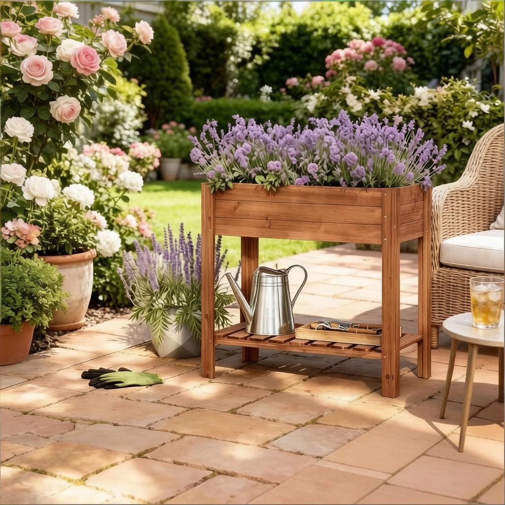 Fioriera rialzata in legno con ripiano portaoggetti per balcone terrazza e giardino marrone 80 × 75 × 40 cm