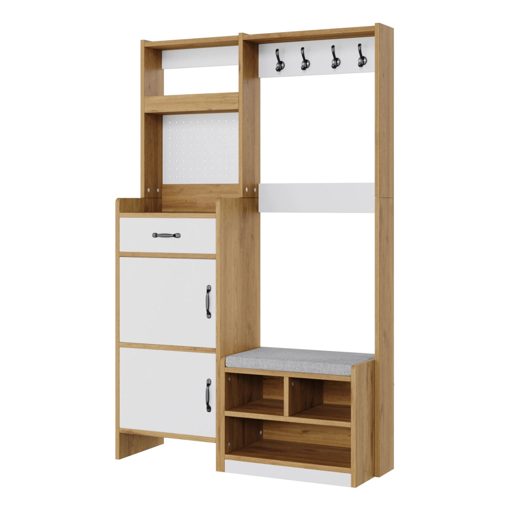 Guardaroba moderno per ingresso con scarpiera, panca imbottita, appendiabiti, cassetto, anta, vano a ribalta e ripiani aperti, rovere/bianco, 108,5 x 35 x 180 cm