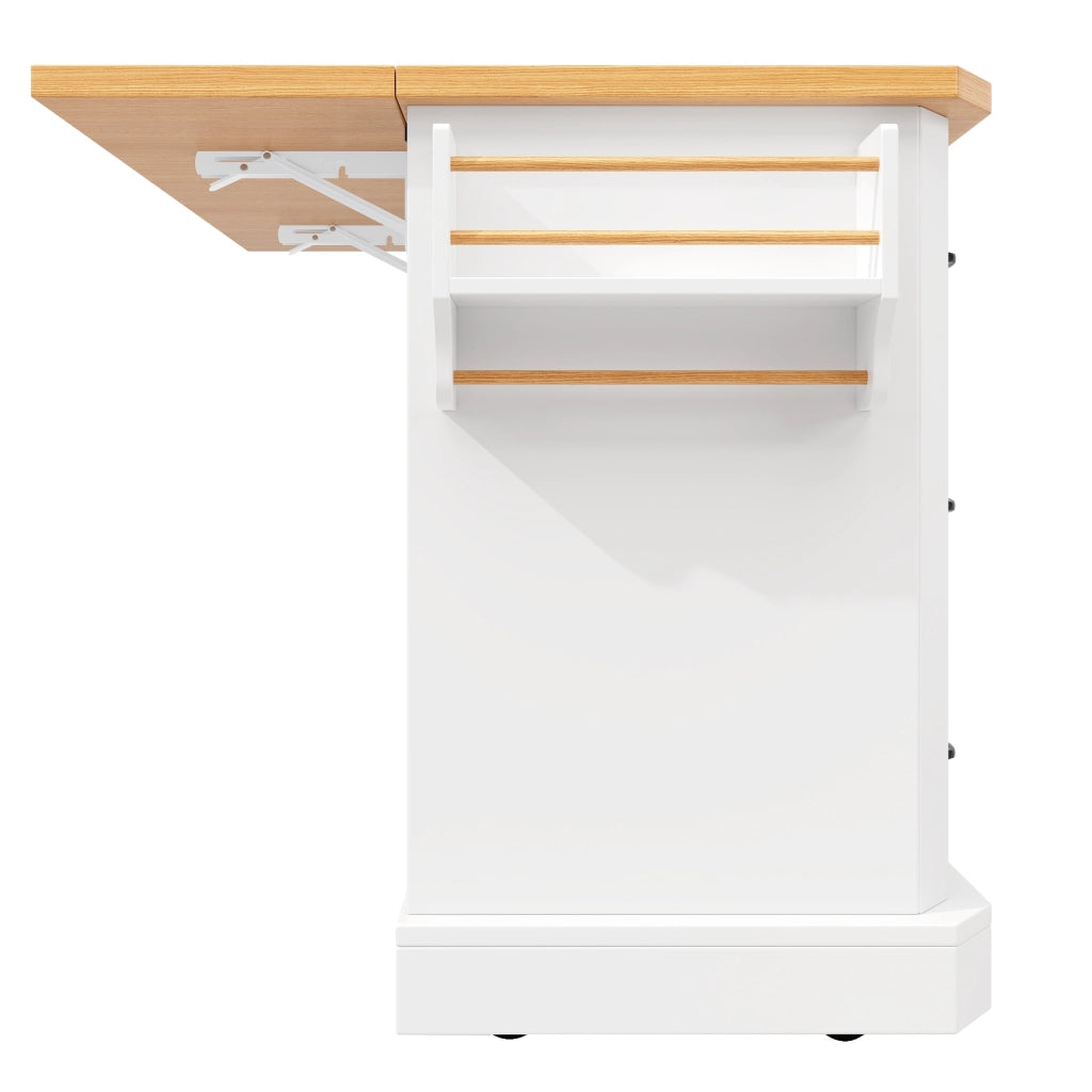 Isola da cucina mobile con 2 ante e 6 cassetti su 5 ruote in MDF e metallo bianco 120 × 45 × 91 cm