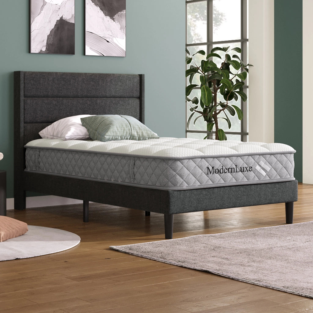 Letto singolo imbottito 90 × 200 cm con rete a doghe e materasso a molle insacchettate lino grigio scuro