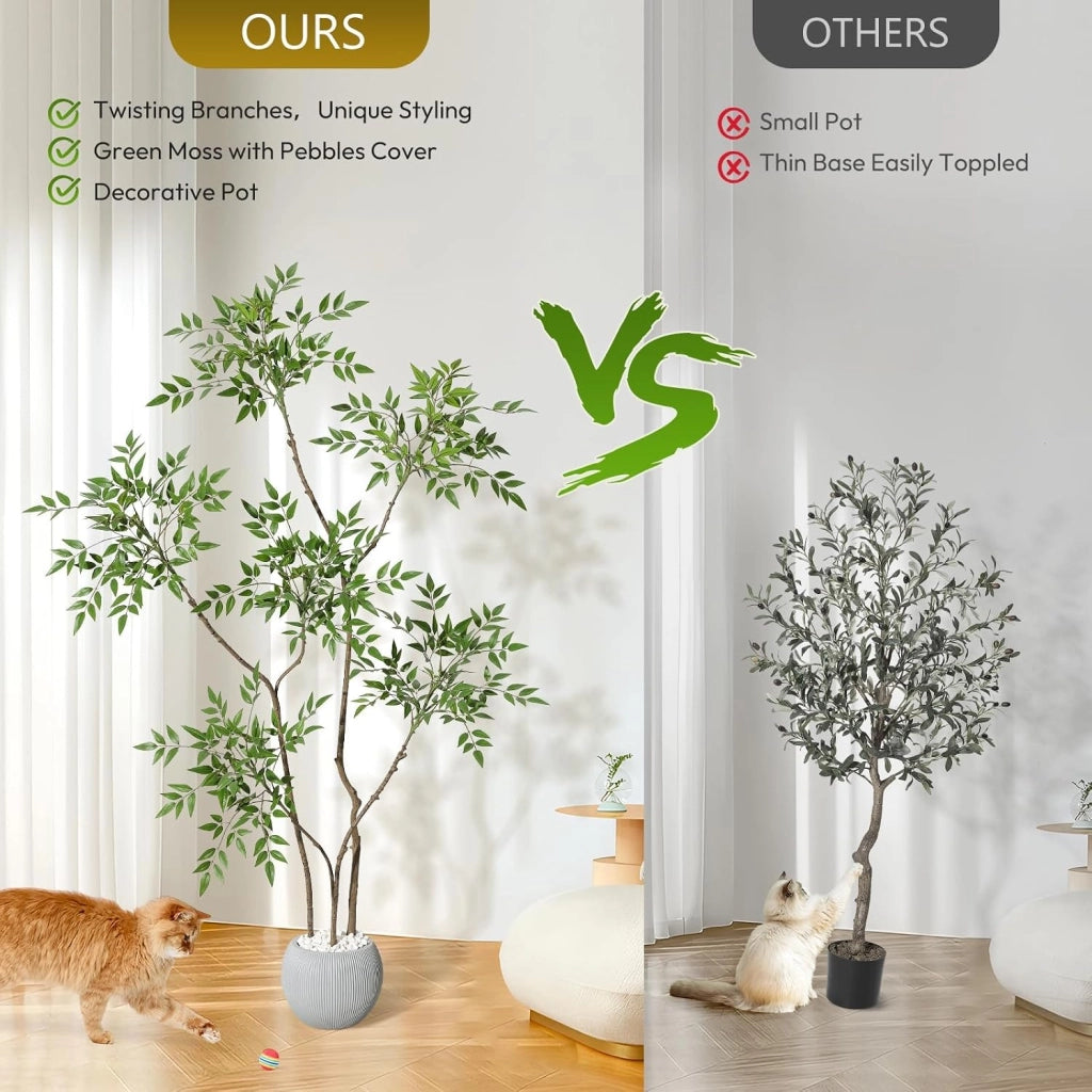 Pianta di Nandina Domestica Artificiale 150 cm con Vaso Muschio e Ciottoli