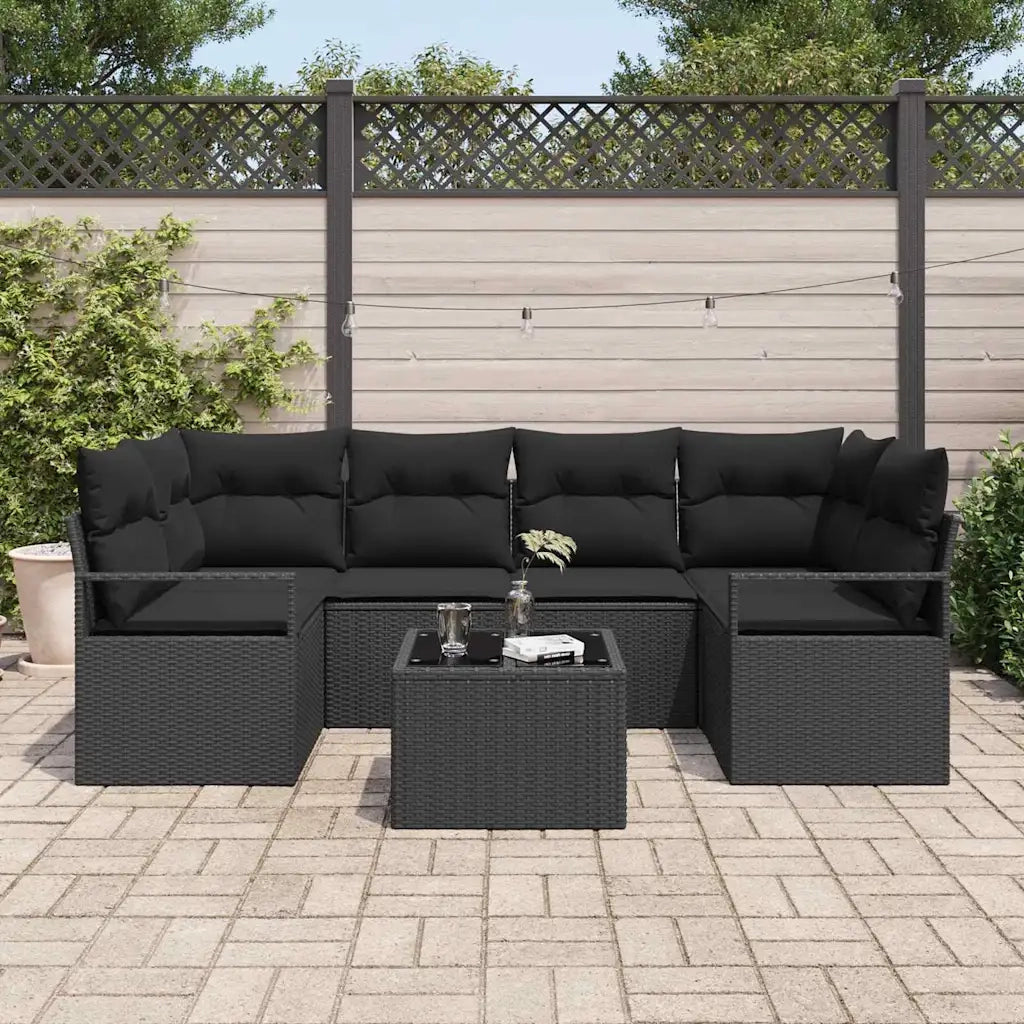 Set Divano da Giardino 7 pcs Nero Polyrattan, Acciaio e Vetro