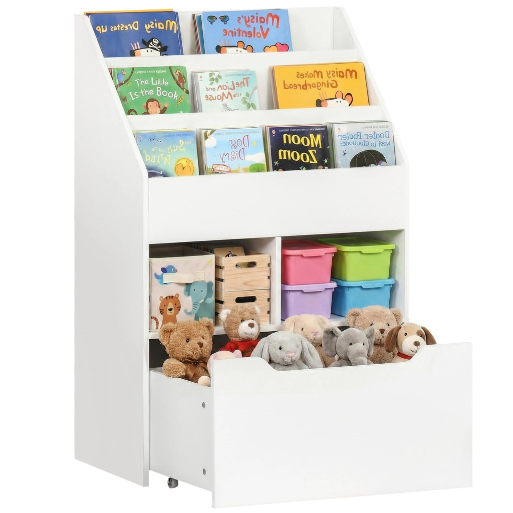 Libreria per Bambini con Ripiani e Cassetto in MDF Bianco, Scaffale Portagiochi Salvaspazio, 60x29.9x90cm