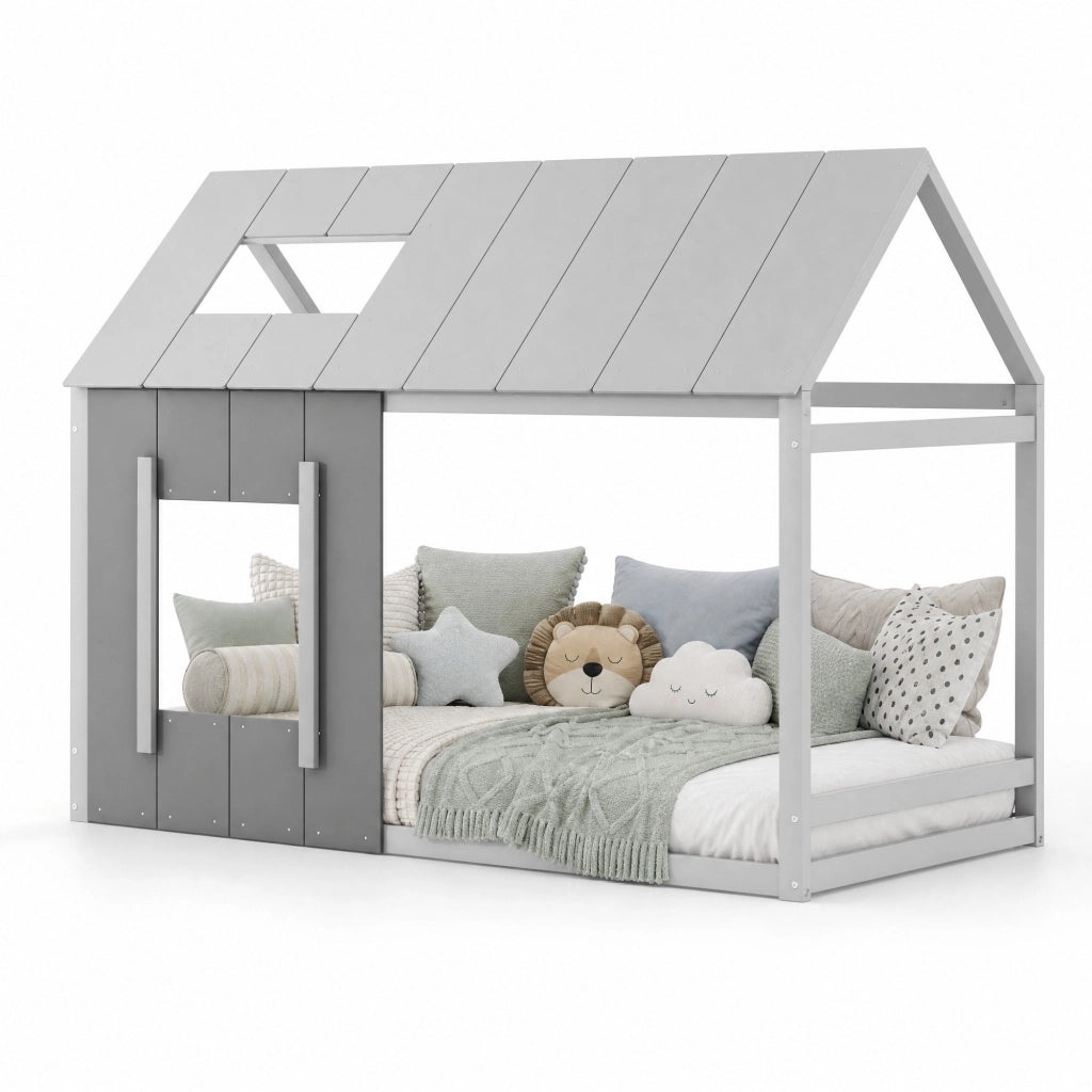Letto per bambini a forma di casa 90 × 200 cm in pino e MDF grigio con tetto e finestra