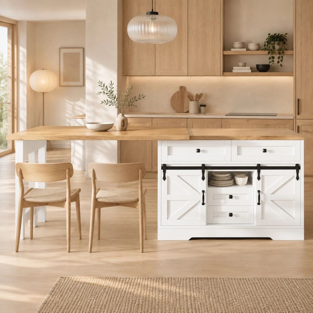 Tavolo allungabile con mobile laterale; pannelli girevoli a 360° e porta scorrevole in MDF bianco 120 × 40 × 72 cm