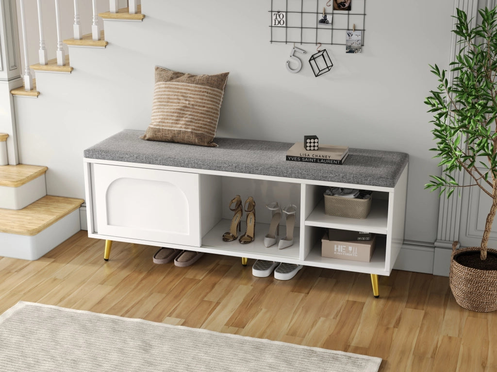 Panca Scarpiera con Cuscino Bianco 121x35x49 cm con Ampio Spazio di Archiviazione e Sicurezza Antiribaltamento