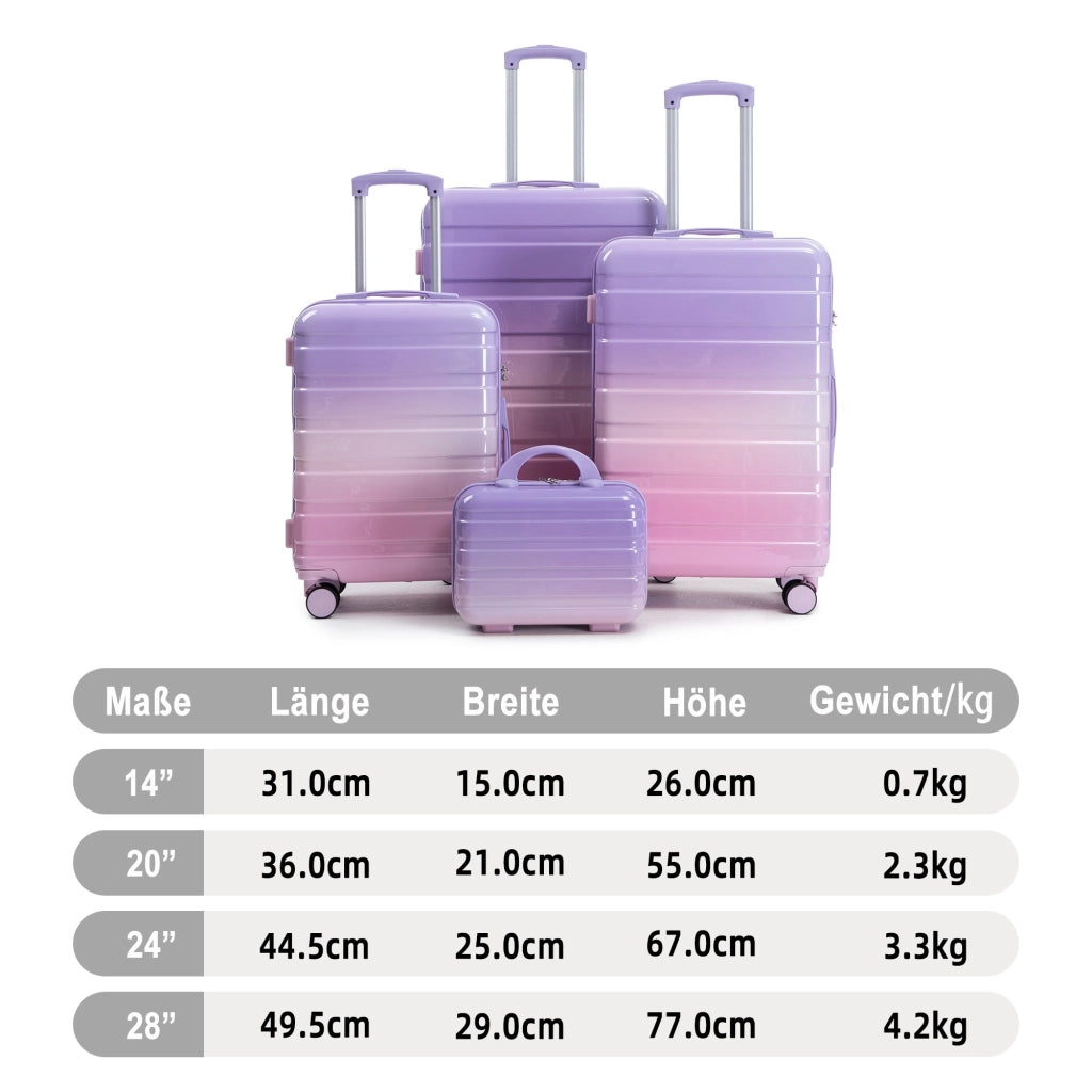 Set di valigie rigide 4 pezzi in PC viola con 3 trolley da 20. 24 e 28 pollici e beauty case da 14 pollici