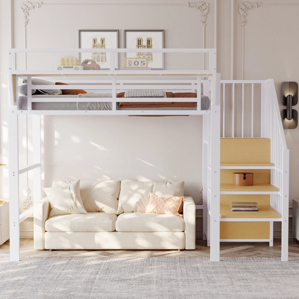 Letto a soppalco 90x200 cm per bambini con scala di sicurezza e ripiano removibile; metallo bianco