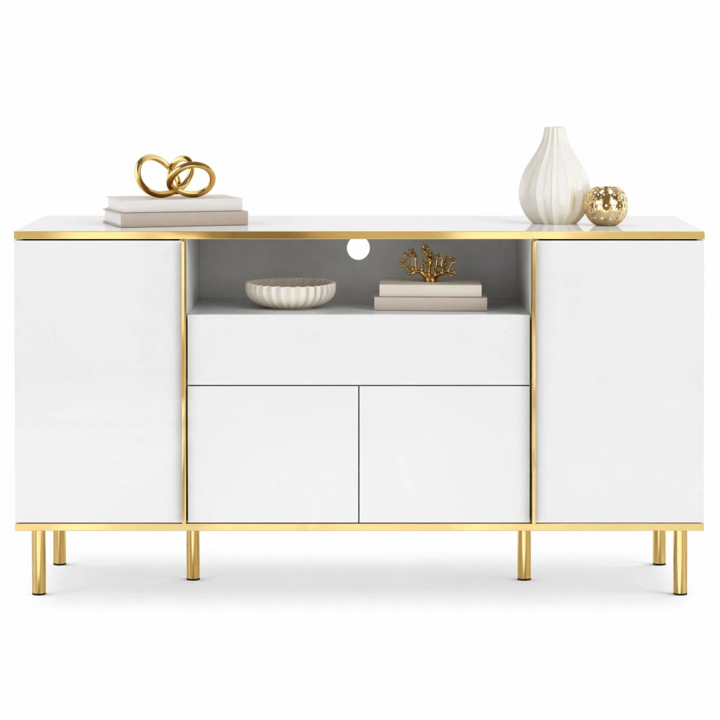 Credenza bianca lucida 150 cm con LED, 4 ante e cassetto