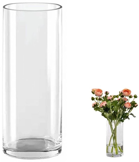 Vaso di vetro per fiori e piante, contenitore cilindrico di vetro moderno 25 cm alto, vaso di vetro cilindrico, vaso di vetro trasparente, candelabro, contenitore di vetro per fiori e piante per la decorazione di casa e ufficio.