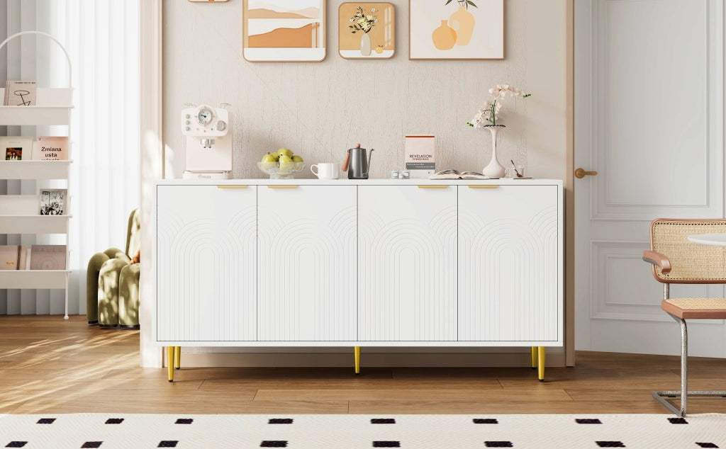 Sideboard soggiorno bianco, 160x80x40 cm, 4 ante, maniglie dorate spazzolate, gambe high-gloss