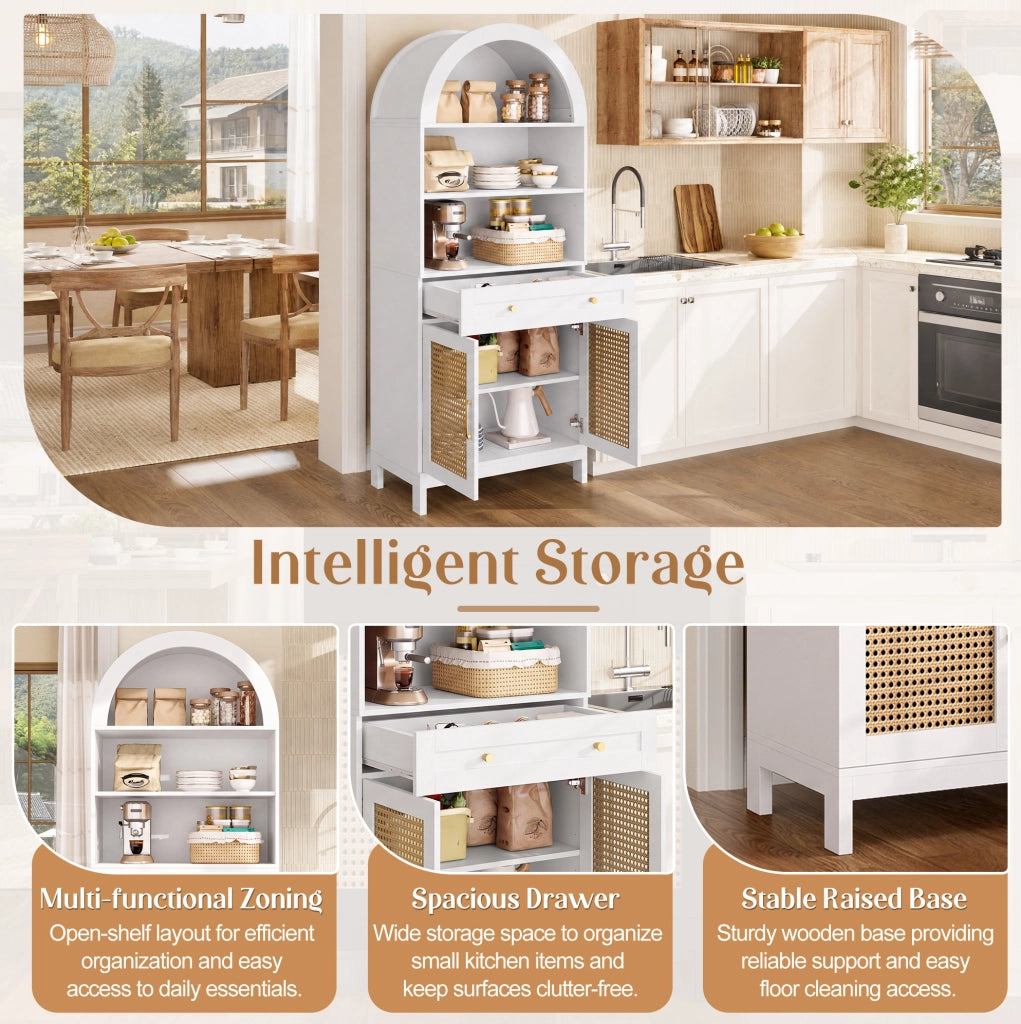 Vetrina ULEVR 70x40x170 cm con 3 vani aperti, 2 ante in rattan e cassetto, bianco e effetto legno