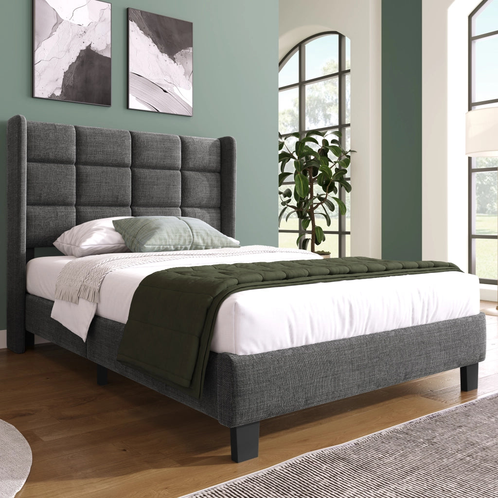 Letto singolo imbottito 90x200 cm con testiera imbottita; rete a doghe; design moderno; lino grigio