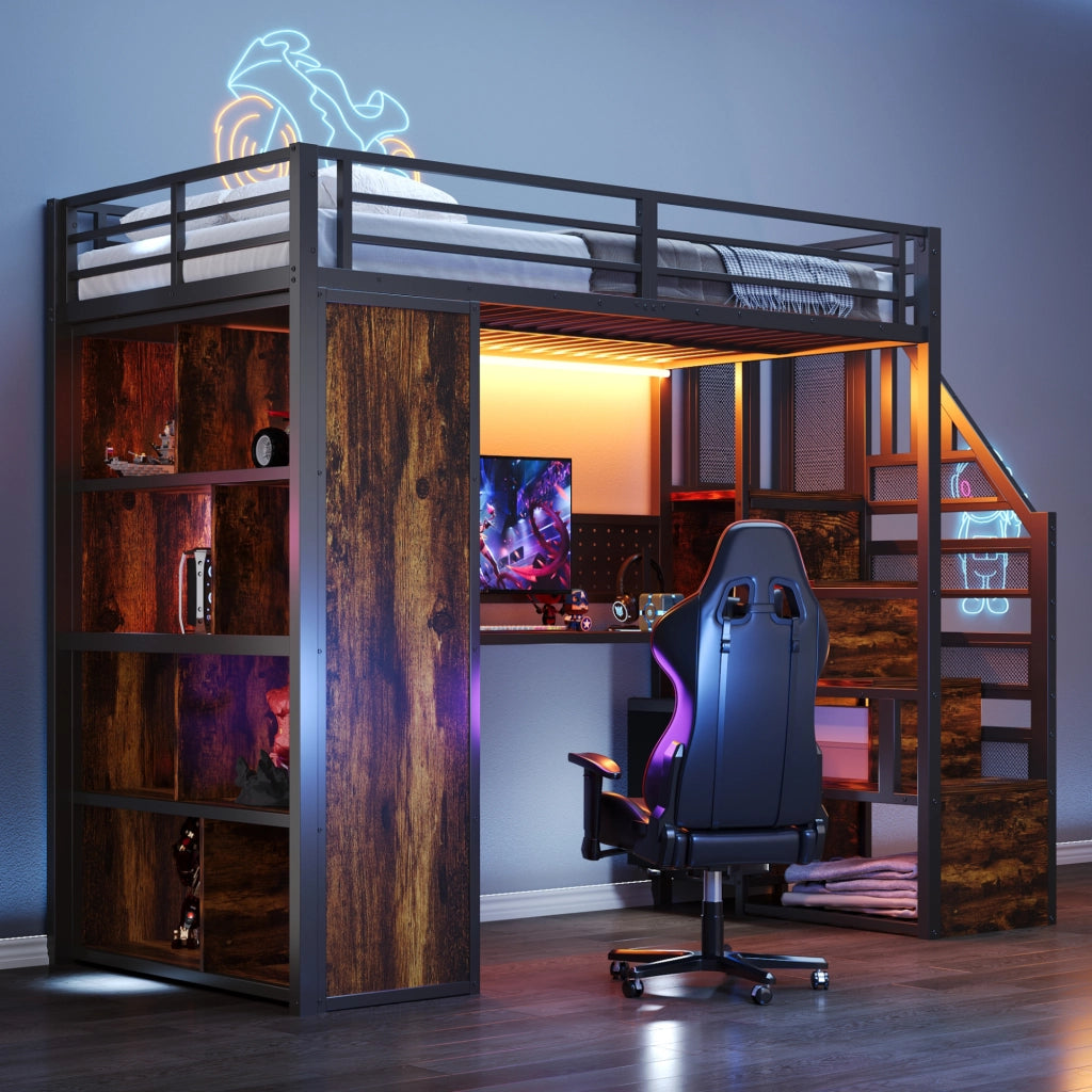 Letto a soppalco singolo 90 × 200 cm con scrivania, armadio, scala contenitore e luci LED, senza materasso, nero