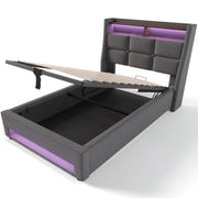 Letto contenitore singolo 90×200 cm con USB; LED e rete sollevabile; materasso incluso; lino; grigio