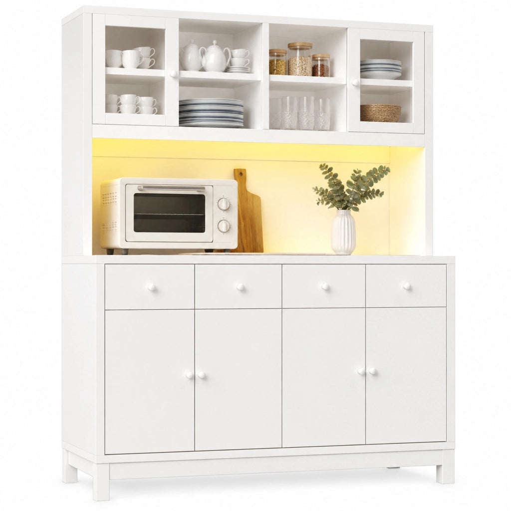 Credenza alta 140x38,5x180 cm in MDF bianco, LED RGB e 4 cassetti