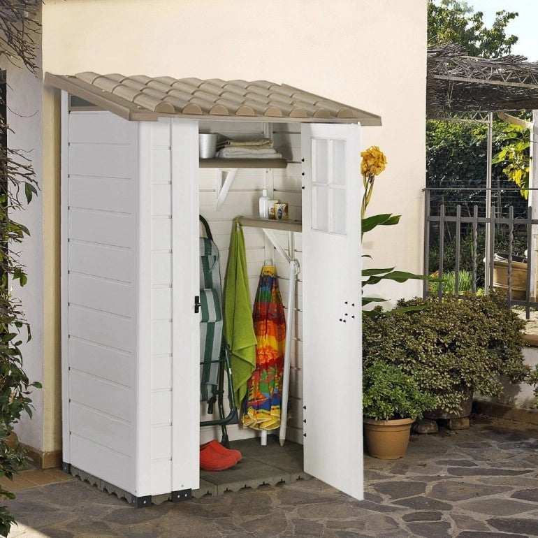 Casetta da Giardino in Resina Tuscany Evo 100 con 1 porta centrale, Pavimentazione inclusa, colore Beige, 95x139x201h cm