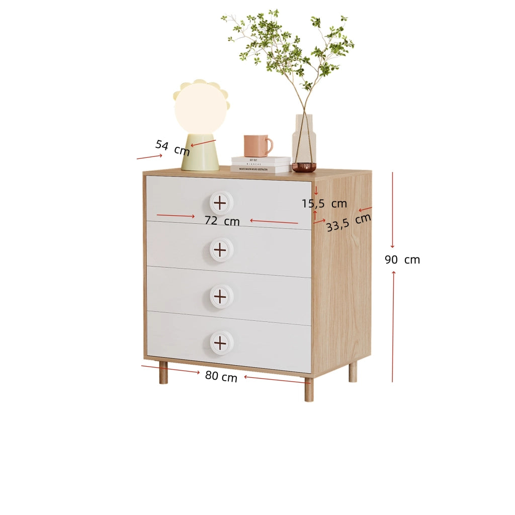 COMODINO 4 cassetti 80x54x90 cm MDF Naturale e Bianco