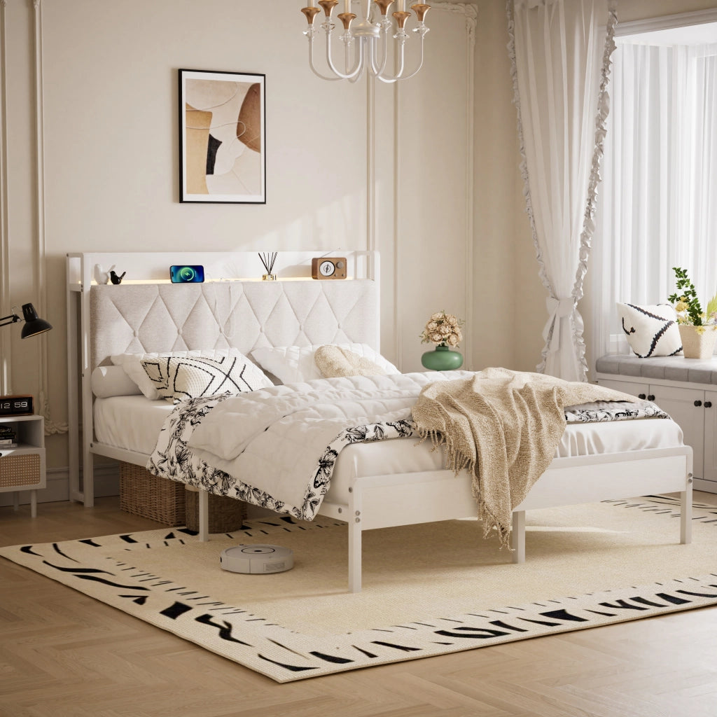 Letto Matrimoniale 140x190 cm con LED e USB; in Lino e Acciaio; Bianco