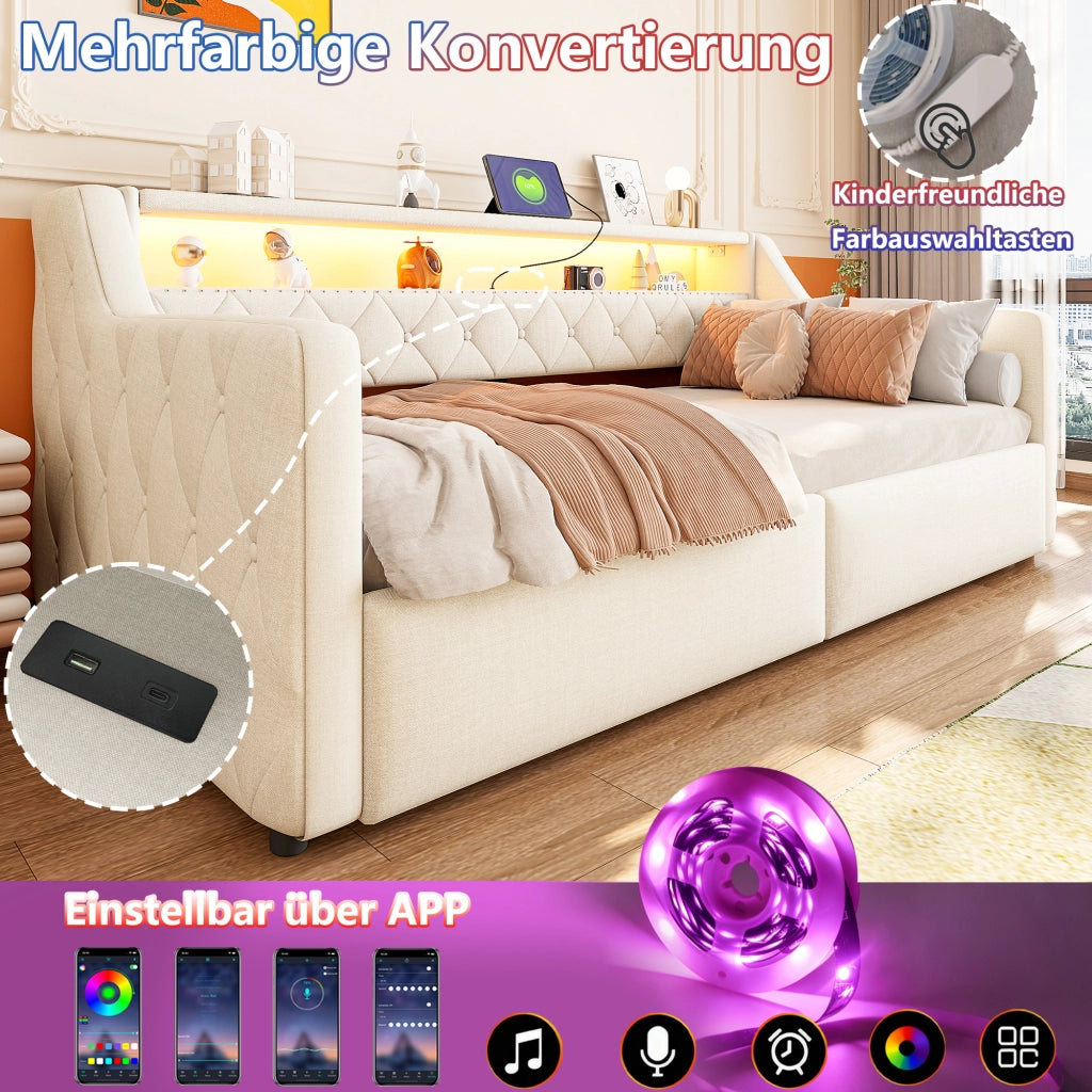 Letto singolo 90x200 cm in lino e MDF con LED; contenitore idraulico; USB e USB-C beige