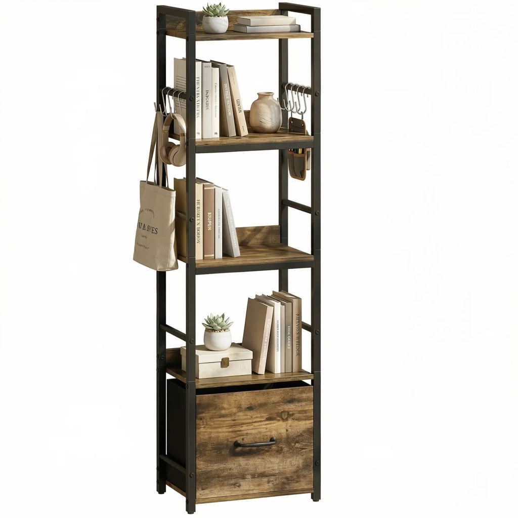 Libreria stretta a 4 ripiani con cassetto e 8 ganci, 39x26x136,5 cm, colore marrone rustico