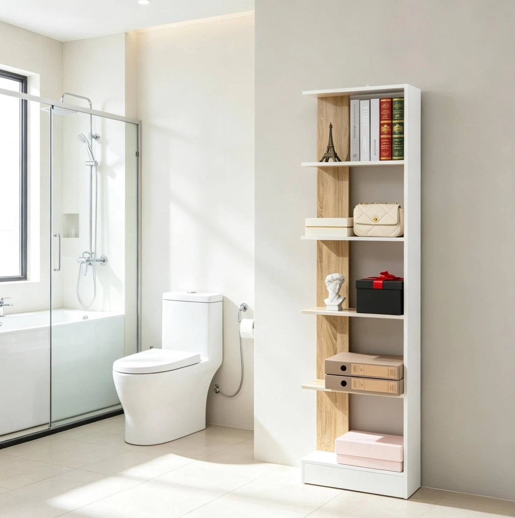 Libreria Moderna a Colonna bianca e rovere, 5 Ripiani Aperta, 45x21x170 cm