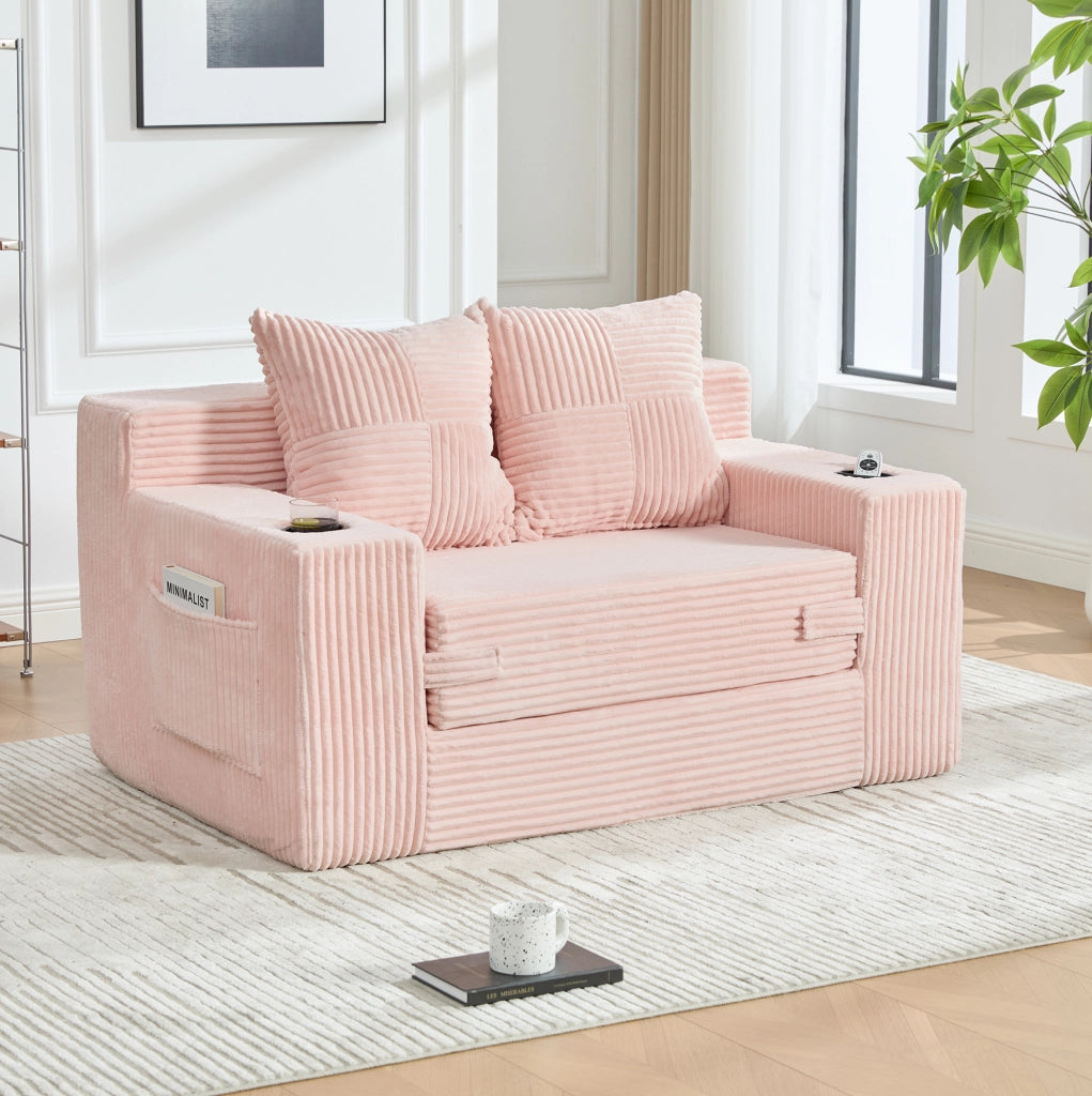 DIVANO Pouf 151x133x64 cm in Velluto a Coste Rosa con 2 Cuscini