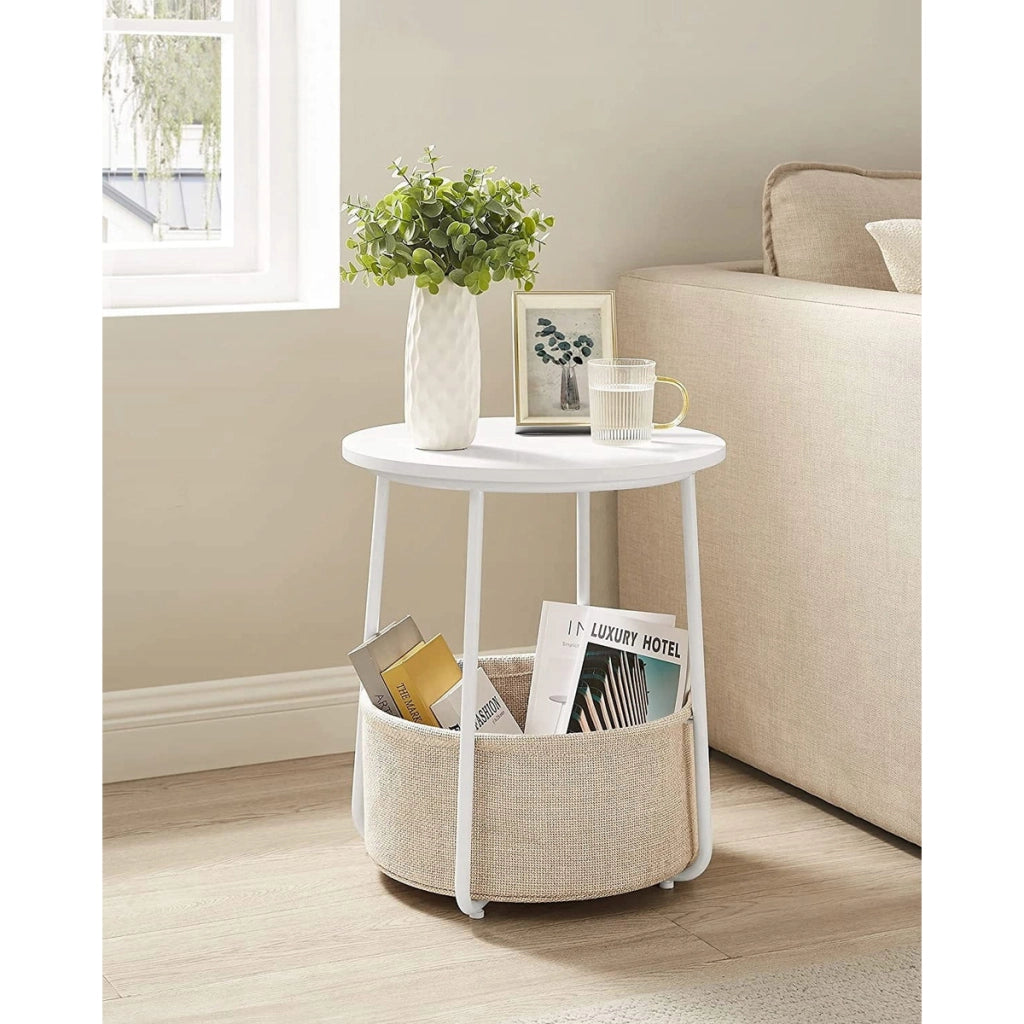 Tavolino da caffè rotondo bianco con cesto portaoggetti beige