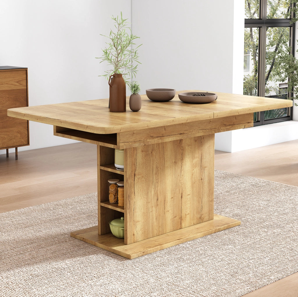 Tavolo da pranzo allungabile in pannelli truciolari e metallo, 110/130x70x75 cm, con spazio contenitivo, design rettangolare moderno color naturale