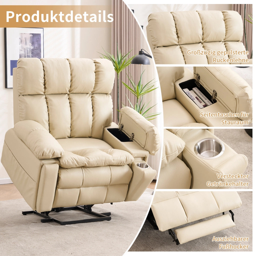 Poltrona Relax Elettrica con Doppio Motore, Funzione Alzapersone, Massaggio e Riscaldamento, Tessuto Crema, Poggiatesta Regolabile e Porta Bicchiere Integrato