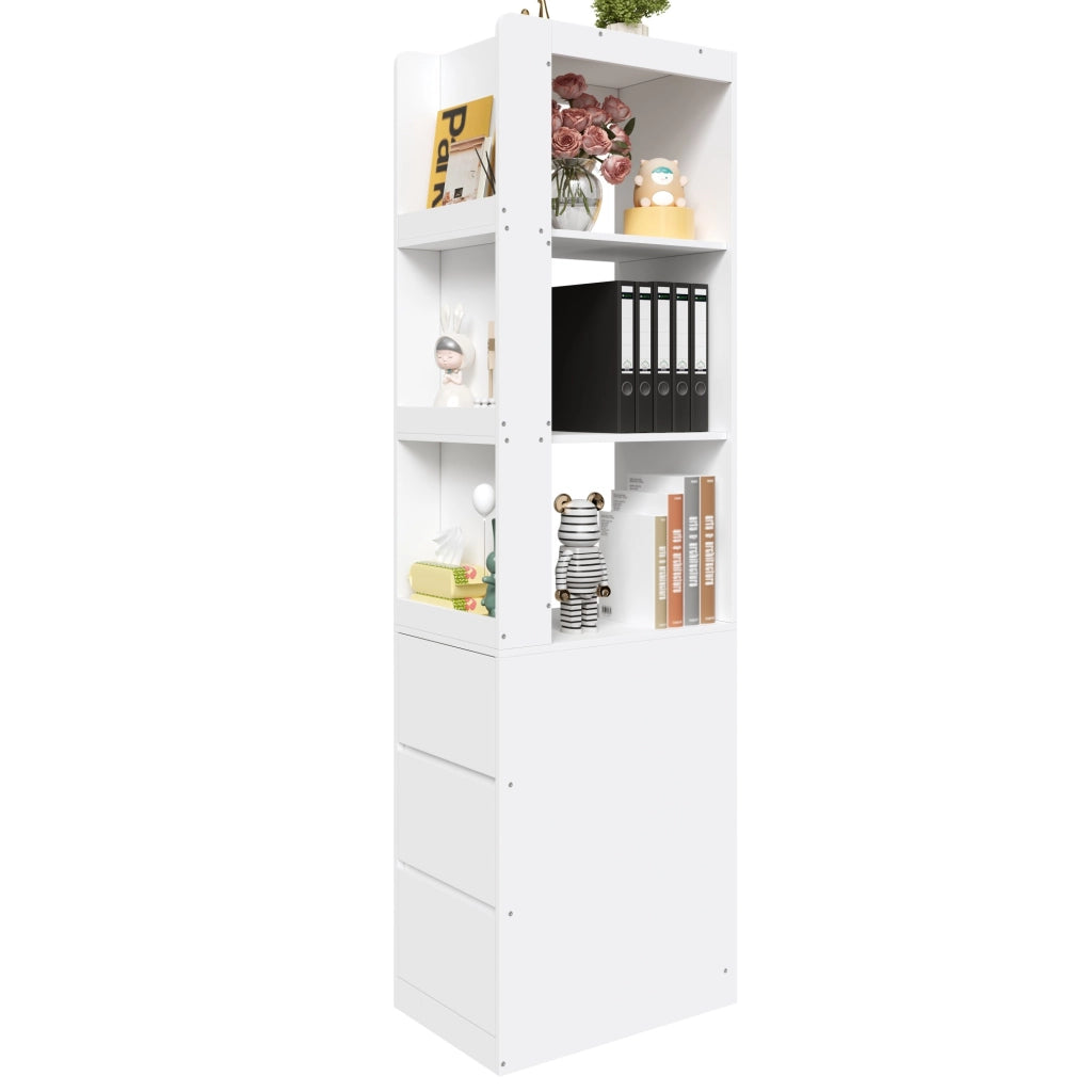Libreria stretta alta 200 cm con 3 ripiani aperti e 3 cassetti; bianco