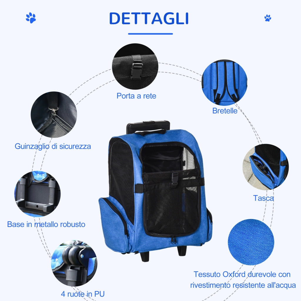 Trasportino Zaino 2 in 1 per Cani e Gatti, Blu, Tessuto Oxford Resistente, Maniglia Telescopica, Ruote e Tasche, 42x25x55cm, Pratico