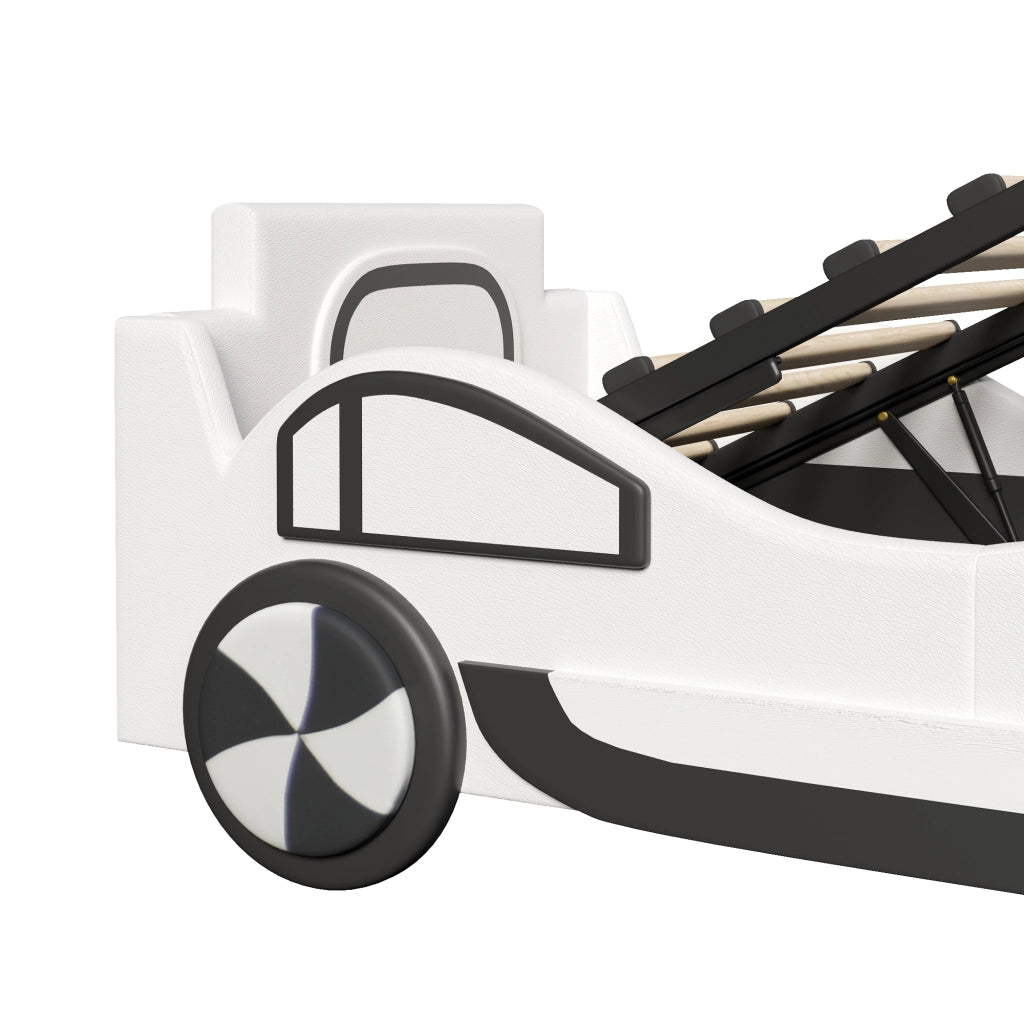 Letto per bambini a forma di auto 90x200 cm con rete a doghe e vano contenitore idraulico; MDF e PU bianco