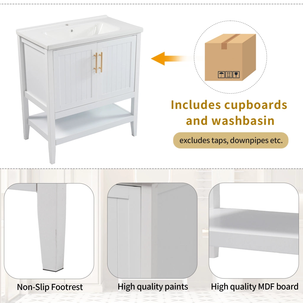 Mobiletto con lavabo in ceramica con mobile a terra in MDF bianco