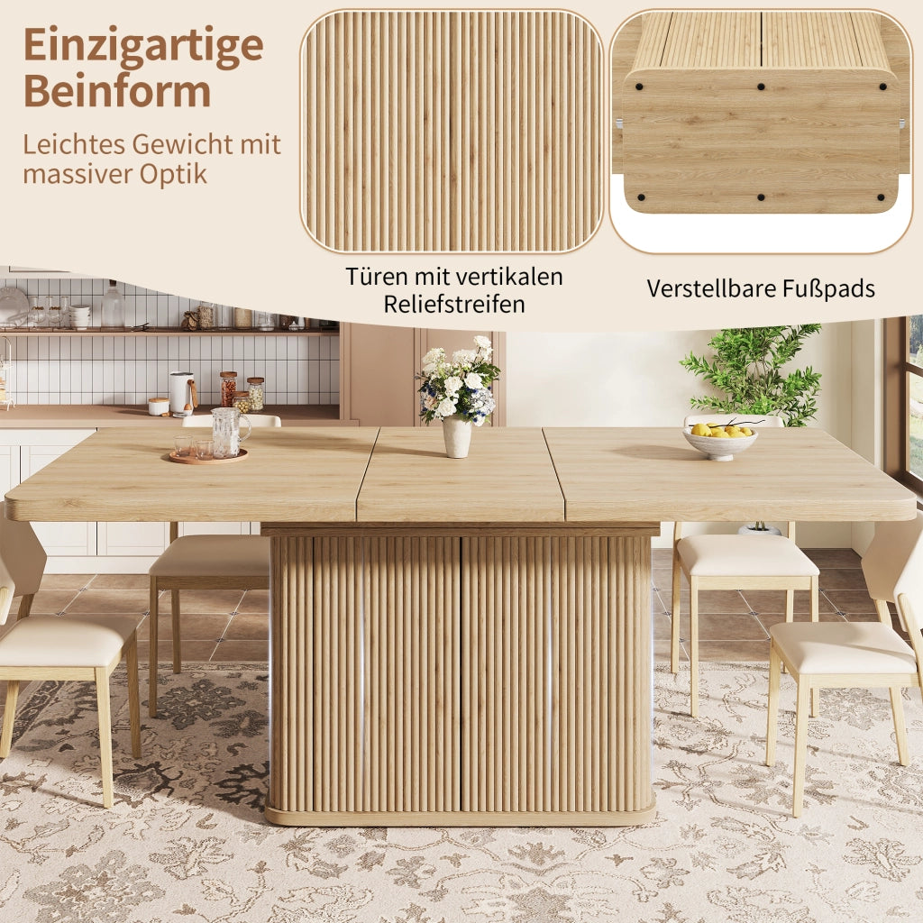 Tavolo da Pranzo Allungabile 140-180x80 cm con Vano Nascosto LEMONMAX; Ante Scanalate; Piedini Regolabili; MDF Effetto Legno Chiaro; H 76;5 cm