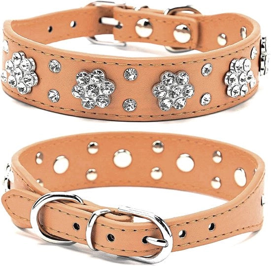 Collare per gatto con decorazione strass a fiori scuri, cruscotto in pelle PU marrone, regolabile, disponibile in diverse misure.