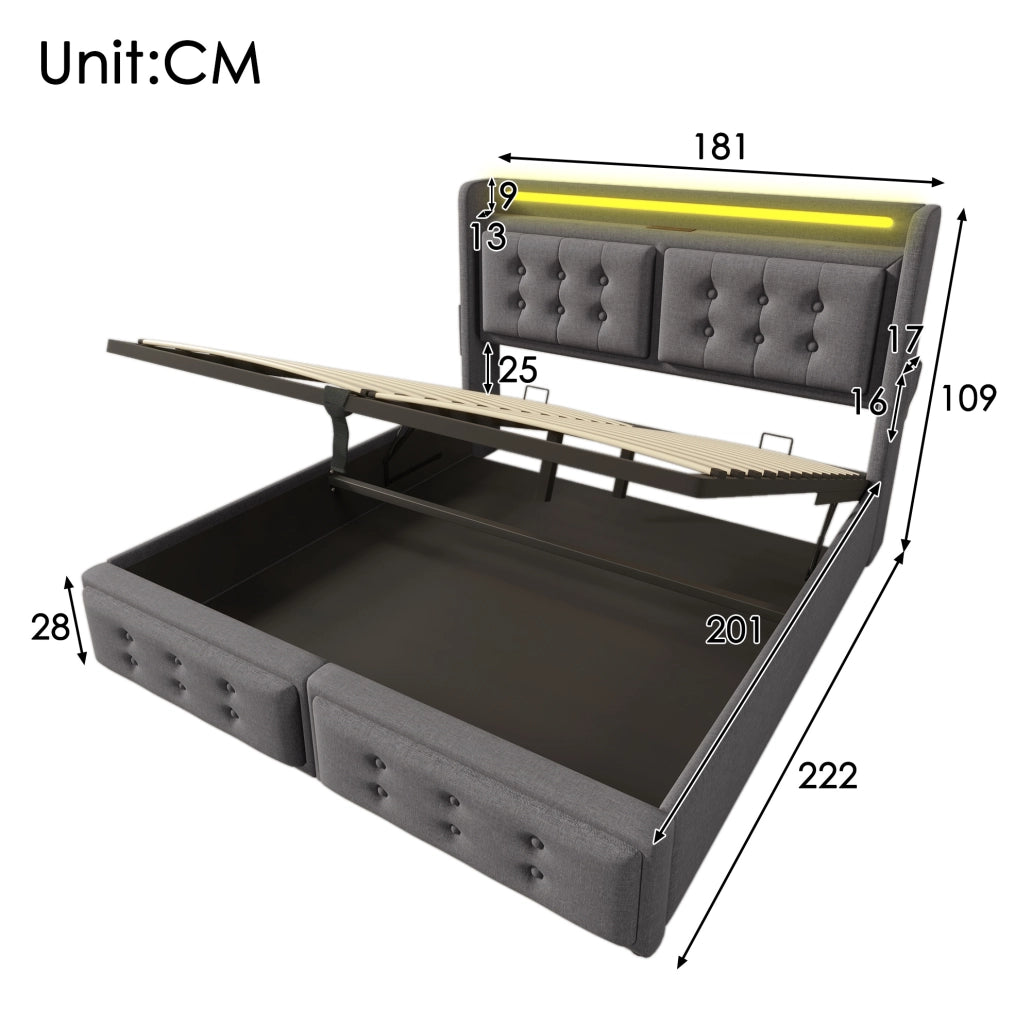 Letto matrimoniale 180x200 cm con contenitore; LED e ricarica USB-C; grigio