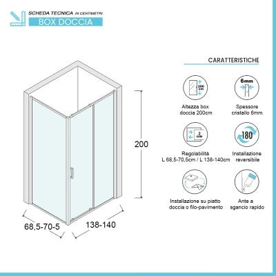 Box doccia angolare 70x140 cm scorrevole in cristallo trasparente Ted