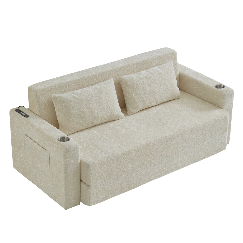 Divano letto 2 posti con funzione letto; USB; portabicchieri e tasche laterali in ciniglia beige