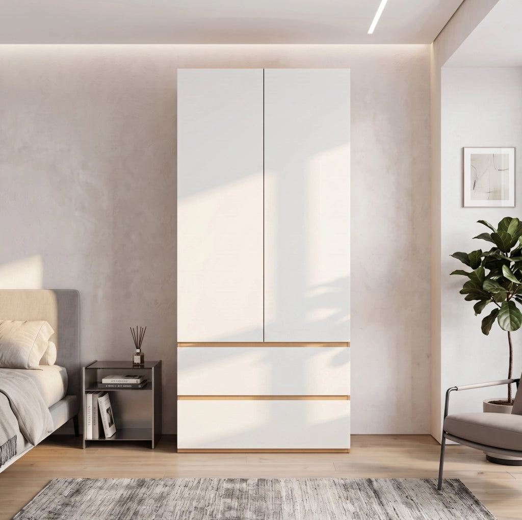 Armadio guardaroba con 2 ante, 2 cassetti, 1 barra appendiabiti, 90x50x200 cm, bianco con finiture rovere