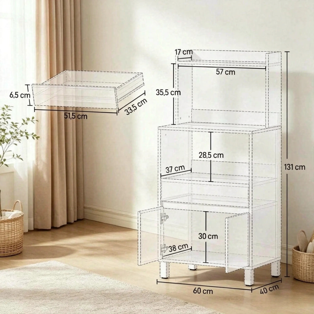 Mobile da soggiorno con ripiani e ante, stile moderno. Include solo vano per microonde.