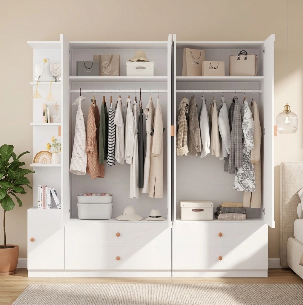 Ampio armadio bianco con 3 tubi appendiabiti, 4 cassetti e design multifunzionale, 200 x 225 x 45 cm