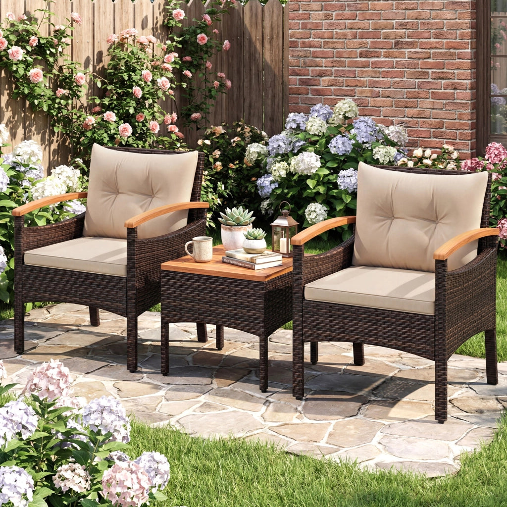 Set di divani in rattan per esterni con tavolino, Set di mobili da patio 3 pezzi per cortile Beige