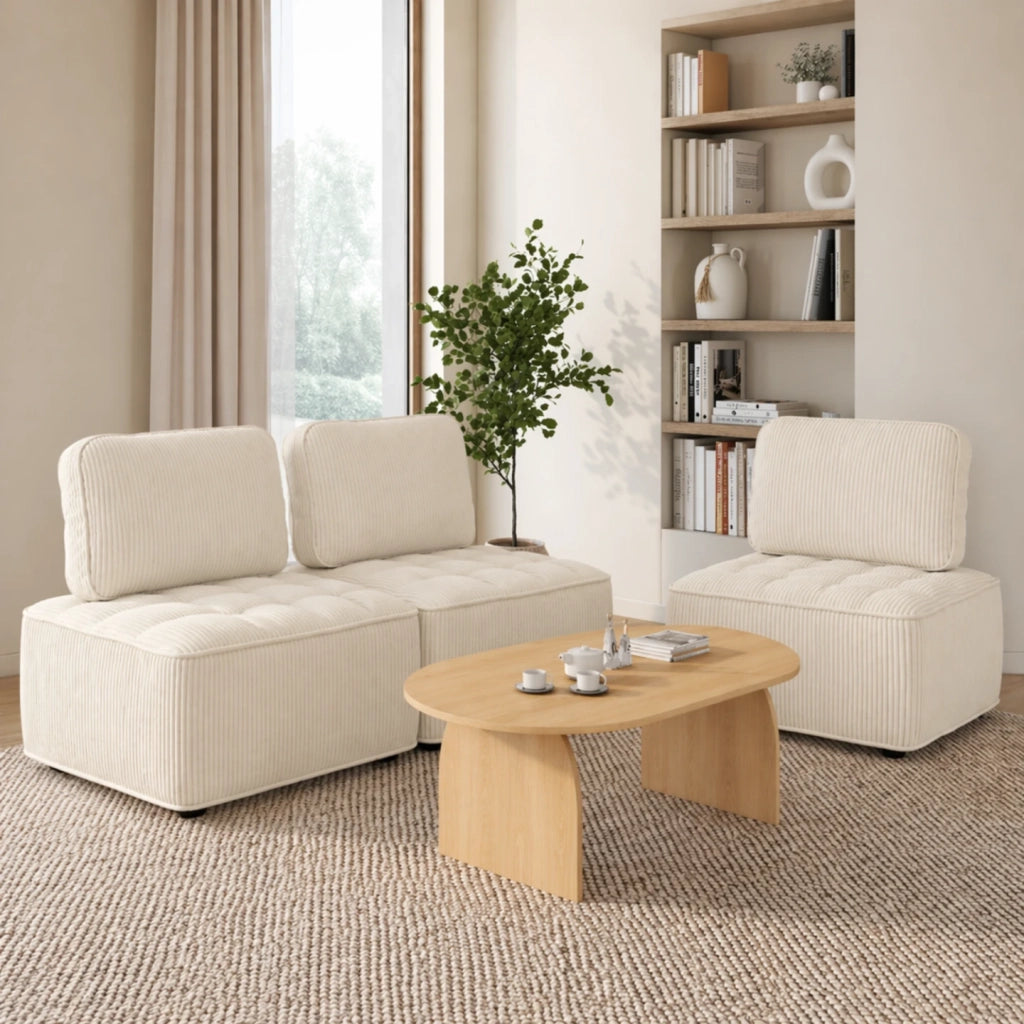 IDMarket - Modulo divano e poltrona in velluto a coste beige ALFIE