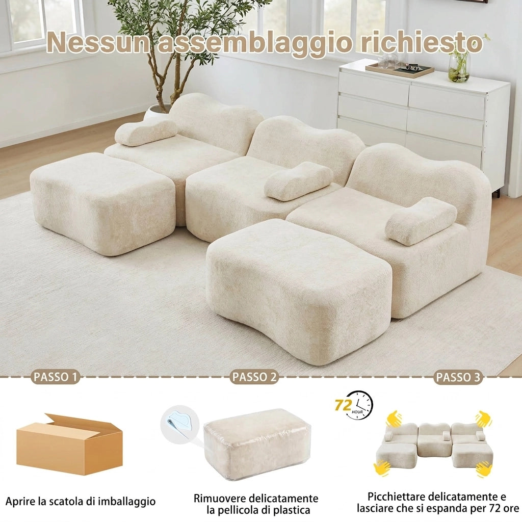 Divano modulare a L 4 posti in velluto beige con pouf; schiuma 32D; 384x167x70 cm